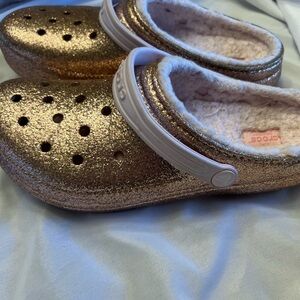 CROCS Rose Gold Glitter Lined Clogs with White Strap